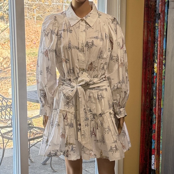 En Saison Dresses & Skirts - En Saison Travel Print Dress with Puff Sleeves, Tie Waist, Medium